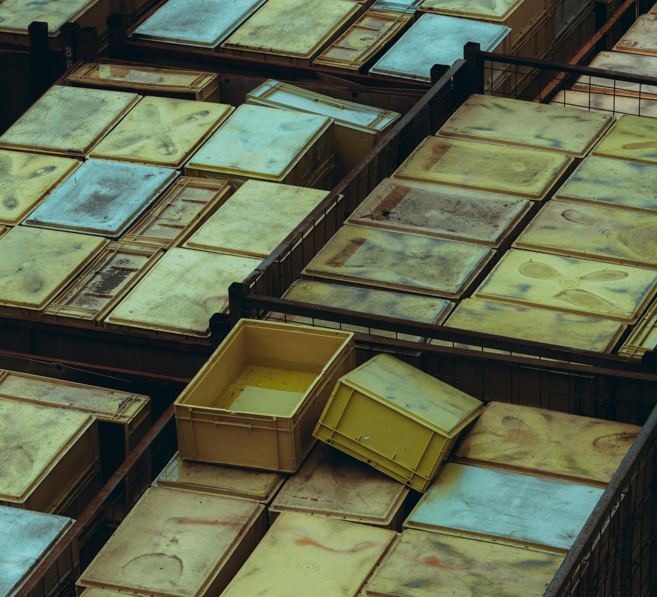 Home Overhead view of yellow and weathered plastic storage bins arranged neatly.