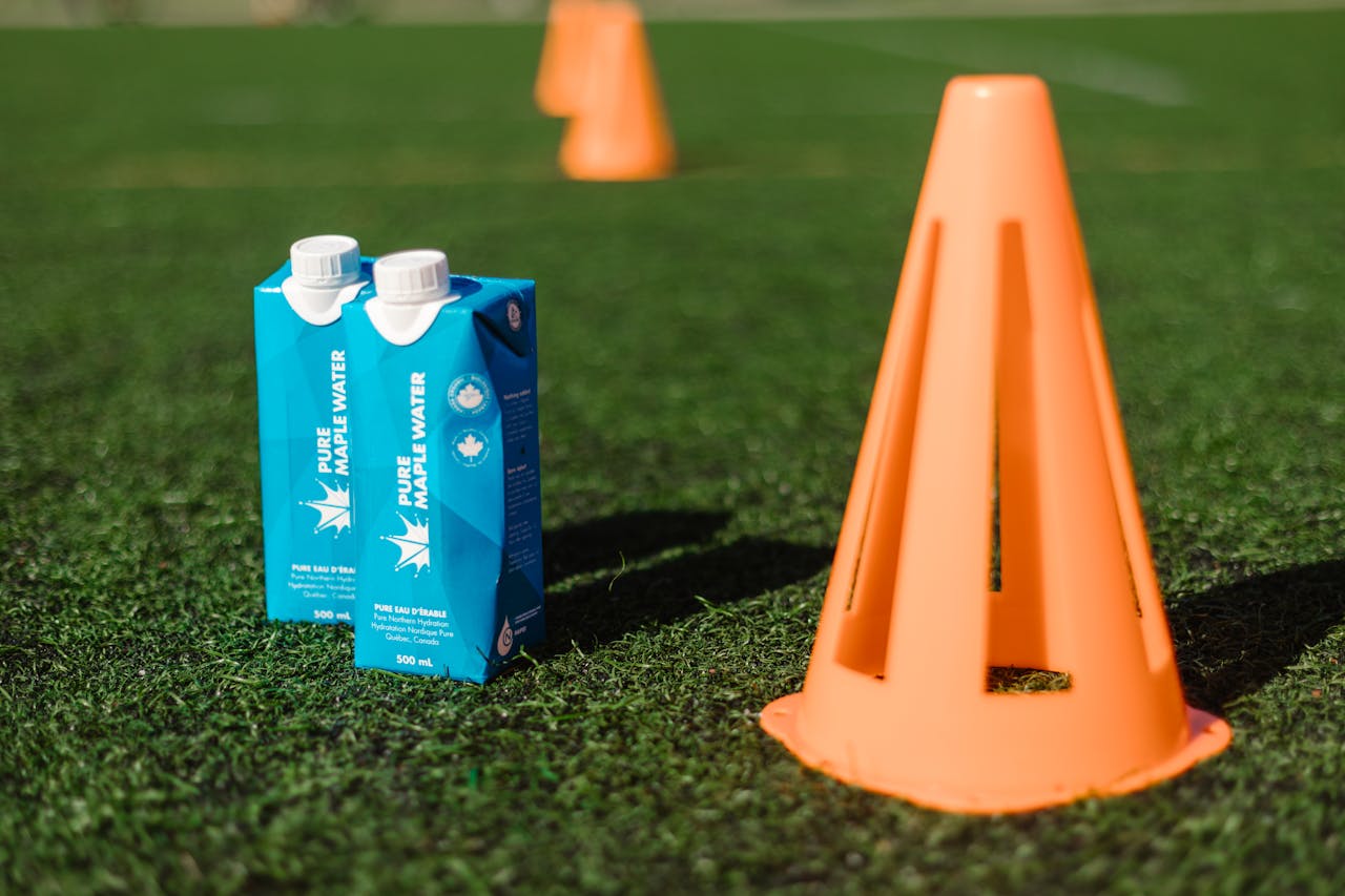 Home Bright orange cone and water cartons on a green playground field.