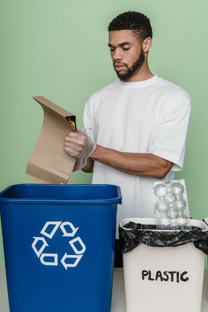 A young man sorts cardboard and plastic waste for recycling in a studio setting.